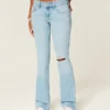 Blugi bootcut cu talie joasă, spălați ușor, cu broderie și rupturi Blugi bootcut cu talie joasă, spălați ușor, cu broderie și rupturi