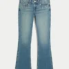 Blugi bootcut cu talie joasă, spălare medie, cu ținte Blugi bootcut cu talie joasă, spălare medie, cu ținte