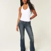 Blugi bootcut cu talie joasă, spălare închisă și broderie Blugi bootcut cu talie joasă, spălare închisă și broderie