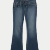Blugi bootcut cu talie joasă, spălare închisă și curea Blugi bootcut cu talie joasă, spălare închisă și curea