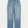 Blugi dad jeans cu talie înaltă, croi curbat, spălați mediu, cu rupturi Blugi dad jeans cu talie înaltă, croi curbat, spălați mediu, cu rupturi