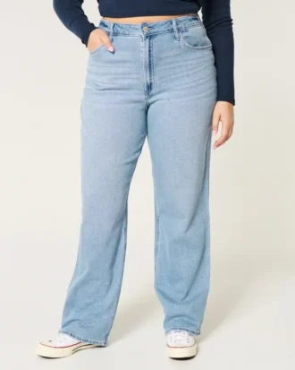 Blugi dad jeans cu talie ultra înaltă, spălare medie, pentru siluete cu forme