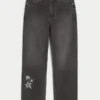 Blugi largi cu imprimeu Black Star spălați Blugi largi cu imprimeu Black Star spălați