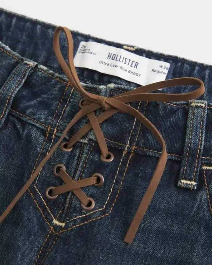 Blugi largi, cu talie ultra joasă, spălați închis la culoare, cu șireturi Blugi largi, cu talie ultra joasă, spălați închis la culoare, cu șireturi
