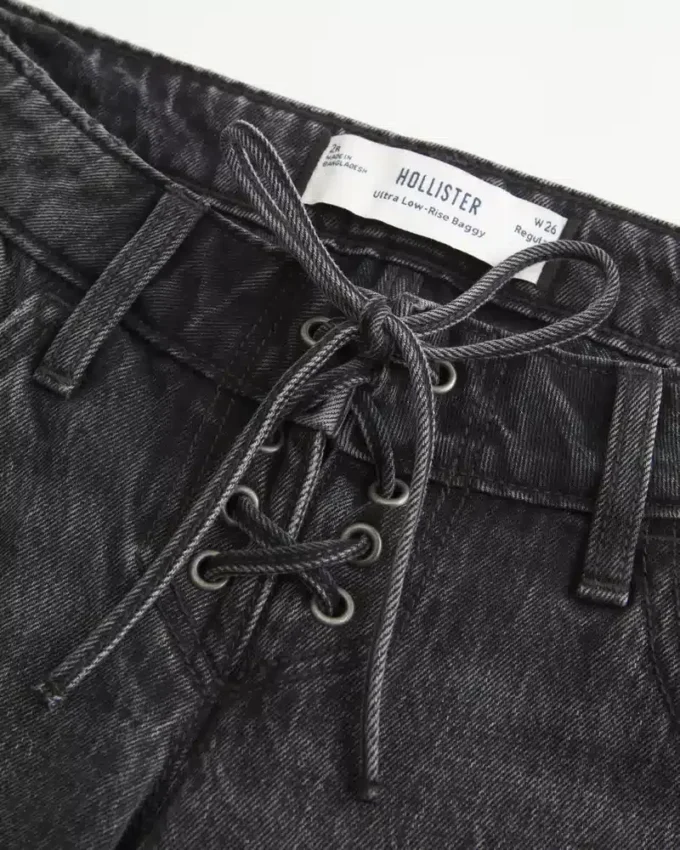Blugi largi, cu talie ultra joasă, spălați, negri, cu șireturi Blugi largi, cu talie ultra joasă, spălați, negri, cu șireturi