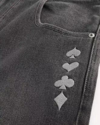 Blugi largi de skater, negri, spălați, cu imprimeu Joker de cărți de joc