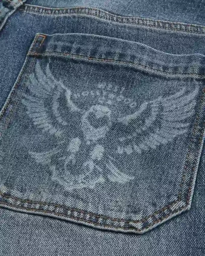 Blugi largi skater cu imprimeu Eagle, spălare medie Blugi largi skater cu imprimeu Eagle, spălare medie