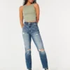 Blugi mom jeans cu talie ultra înaltă, spălați mediu și rupți Blugi mom jeans cu talie ultra înaltă, spălați mediu și rupți