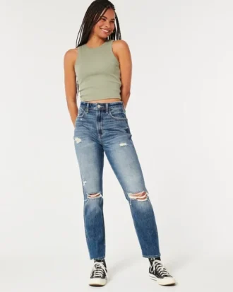 Blugi mom jeans cu talie ultra înaltă, spălați mediu și rupți