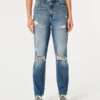 Blugi mom jeans cu talie ultra înaltă, spălați mediu și rupți Blugi mom jeans cu talie ultra înaltă, spălați mediu și rupți