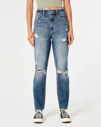 Blugi mom jeans cu talie ultra înaltă, spălați mediu și rupți