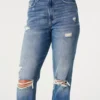 Blugi mom jeans cu talie ultra înaltă, spălați mediu și rupți Blugi mom jeans cu talie ultra înaltă, spălați mediu și rupți