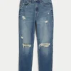 Blugi mom jeans cu talie ultra înaltă, spălați mediu și rupți Blugi mom jeans cu talie ultra înaltă, spălați mediu și rupți