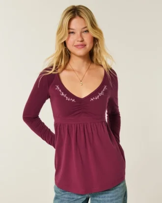 Bluză babydoll cu mâneci lungi și bust strâns