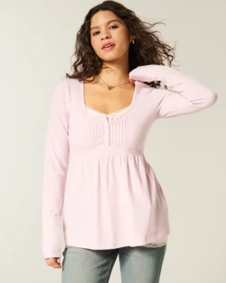 Bluză cu mâneci lungi Henley Babydoll
