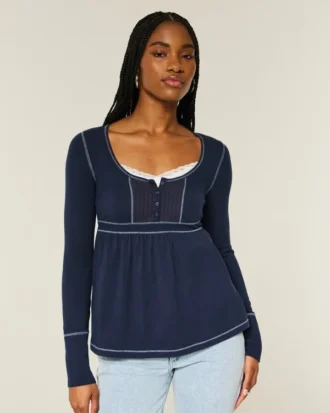 Bluză cu mâneci lungi Henley Babydoll