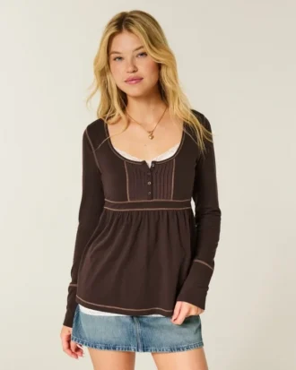 Bluză cu mâneci lungi Henley Babydoll