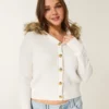 Cardigan cu glugă și bordură din blană artificială Cardigan cu glugă și bordură din blană artificială