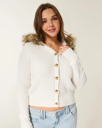 Cardigan cu glugă și bordură din blană artificială