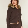 Cardigan cu glugă și bordură din blană artificială Cardigan cu glugă și bordură din blană artificială
