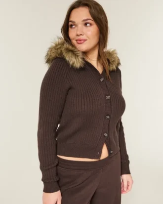 Cardigan cu glugă și bordură din blană artificială