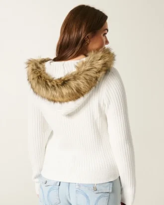 Cardigan cu glugă și bordură din blană artificială