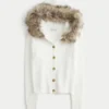 Cardigan cu glugă și bordură din blană artificială Cardigan cu glugă și bordură din blană artificială