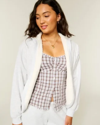 Cardigan din fleece fără închidere, căptușit cu blană artificială