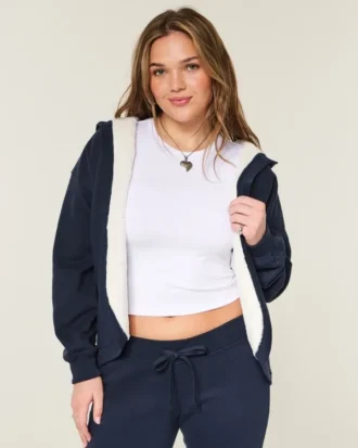 Cardigan din fleece fără închidere, căptușit cu blană artificială