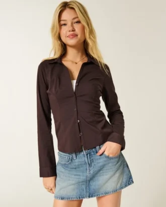 Cămașă din poplin elastic cu nasturi Cămașă din poplin elastic cu nasturi