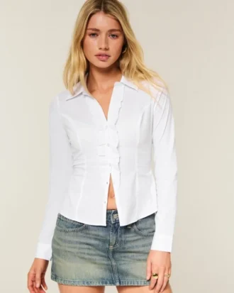 Cămașă din poplin elastic în stil smoking Cămașă din poplin elastic în stil smoking