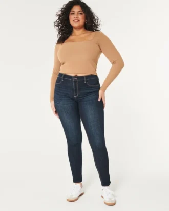 Colanți din denim cu talie înaltă, pentru siluete cu forme, în nuanță închisă Colanți din denim cu talie înaltă, pentru siluete cu forme, în nuanță închisă