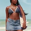 Fustă mini din denim cu talie joasă, spălare medie și broderie cu steag Fustă mini din denim cu talie joasă, spălare medie și broderie cu steag