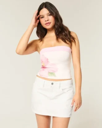 Fustă-pantalon mini din denim alb, cu talie joasă Fustă-pantalon mini din denim alb, cu talie joasă