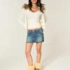 Fustă-pantalon mini din denim brodat, cu talie joasă Fustă-pantalon mini din denim brodat, cu talie joasă