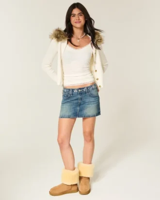 Fustă-pantalon mini din denim brodat, cu talie joasă