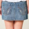 Fustă-pantalon mini din denim brodat, cu talie joasă Fustă-pantalon mini din denim brodat, cu talie joasă