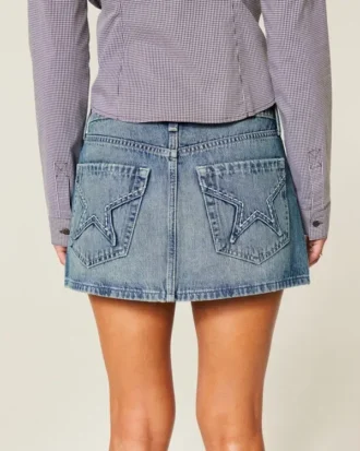 Fustă-pantalon mini din denim cu buzunar brodat cu stele