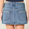 Fustă-pantalon mini din denim cu talie joasă și fundă brodată Fustă-pantalon mini din denim cu talie joasă și fundă brodată