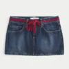 Fustă-pantalon mini din denim cu talie joasă și șnur Fustă-pantalon mini din denim cu talie joasă și șnur