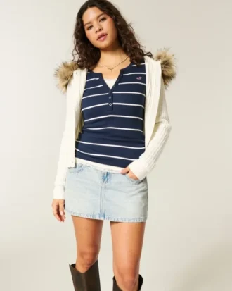 Fustă-pantalon mini din denim, cu talie joasă și spălare deschisă