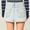 Fustă-pantalon mini din denim, cu talie joasă și spălare deschisă Fustă-pantalon mini din denim, cu talie joasă și spălare deschisă