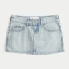 Fustă-pantalon mini din denim, cu talie joasă și spălare deschisă Fustă-pantalon mini din denim, cu talie joasă și spălare deschisă