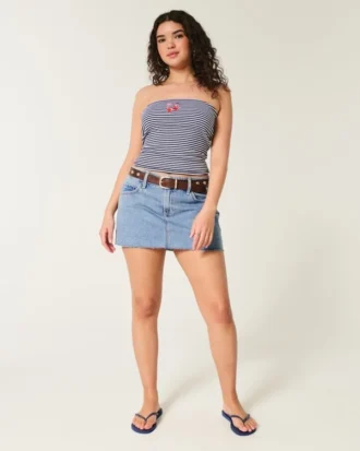 Fustă-pantalon mini din denim cu talie joasă și spălare medie