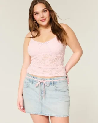 Fustă-pantalon mini din denim deschis la culoare, cu șireturi