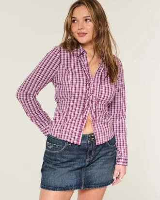 Fustă-pantalon mini din denim închis la culoare, cu talie joasă