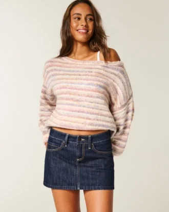 Fustă-pantalon mini din denim închis la culoare, cu talie joasă
