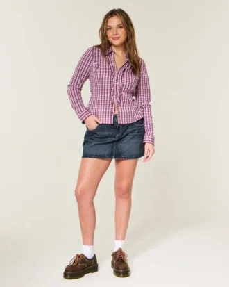 Fustă-pantalon mini din denim închis la culoare, cu talie joasă