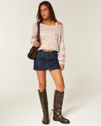 Fustă-pantalon mini din denim închis la culoare, cu talie joasă