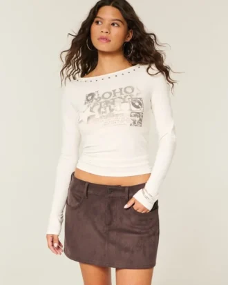 Fustă-pantalon mini din imitație de piele întoarsă, cu talie joasă